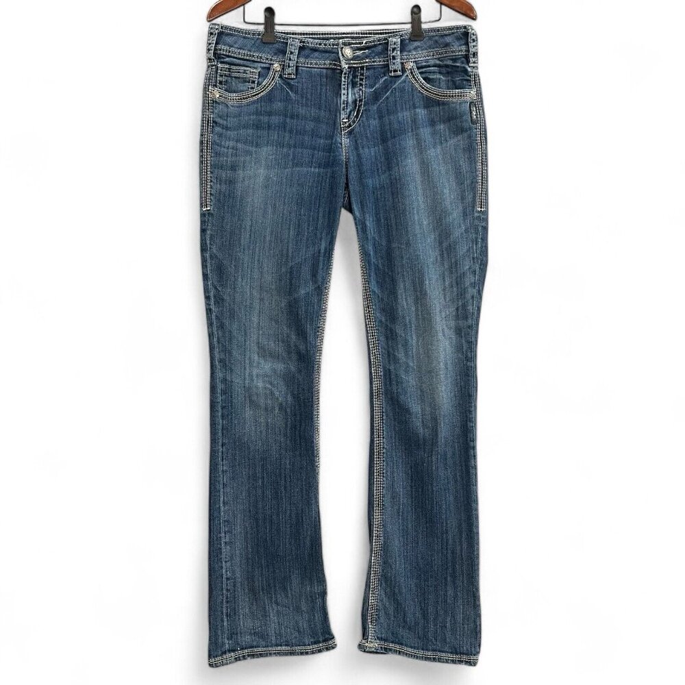 Silver Jeans Women 31x31.5* Bootcut Blue Suki 17' Flap Pockets Stretch Faded